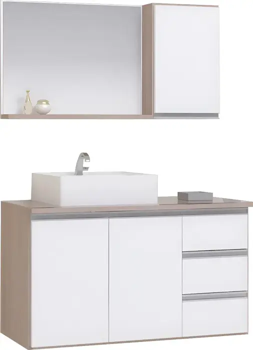 Conjunto Gabinete Banheiro Completo Prisma 0.80m Móvel Madeirado/Branco