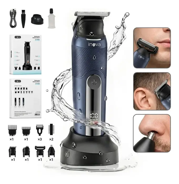 Barbeador Elétrico Inova Multigroom 5 em 1 para Barba e Corpo com 8 Pentes e Bateria Recarregável